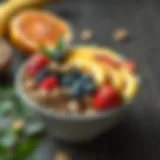 Chia Bowl with Fresh Fruits and Nuts A beautifully arranged chia bowl topped with fresh fruits and nuts