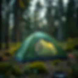 A durable Dunlop tent set up in a scenic forest