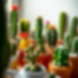 A vibrant collection of various cactus species in decorative pots