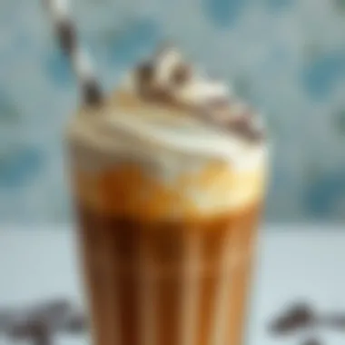 Frothy Iced Coffee Delight A close-up of a frothy iced coffee topped with whipped cream and chocolate drizzle