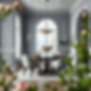 An elegant dining area featuring gray walls and tasteful furnishings, reflecting sophistication.