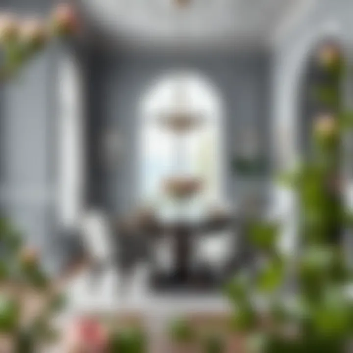 An elegant dining area featuring gray walls and tasteful furnishings, reflecting sophistication.