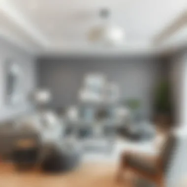 A serene living room painted in various shades of gray, showcasing modern decor.