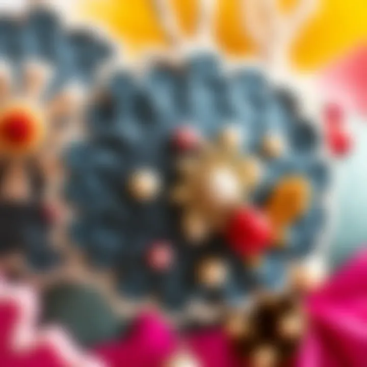 Close-up of intricate felt decorations with embellishments