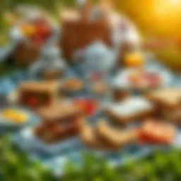 A beautifully arranged picnic spread with various breakfast items