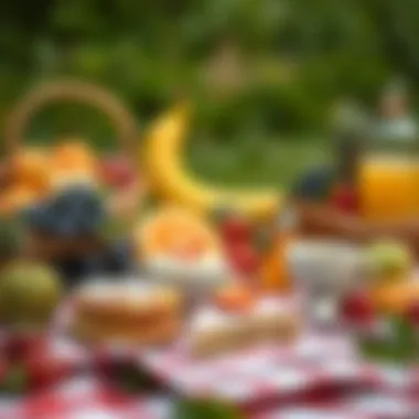 Fresh fruits and pastries displayed on a picnic blanket
