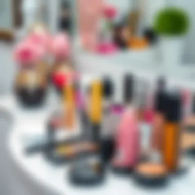 Stylish Makeup Arrangement Stylish arrangement of makeup products on a vanity