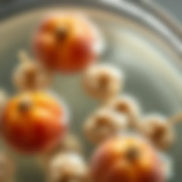 Close-up view of peach seeds soaking in water