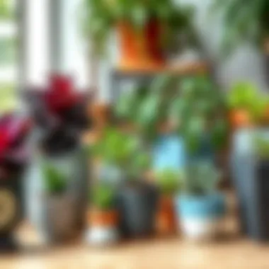 A variety of pots showcasing different plant types and arrangements.