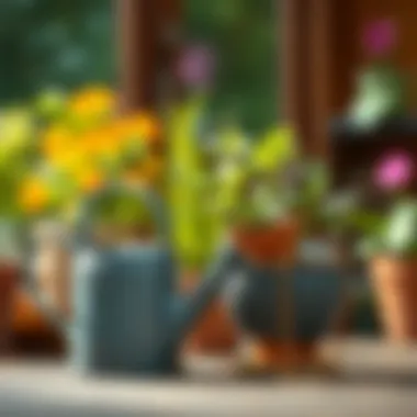 A watering can beside a thriving potted plant, symbolizing care.