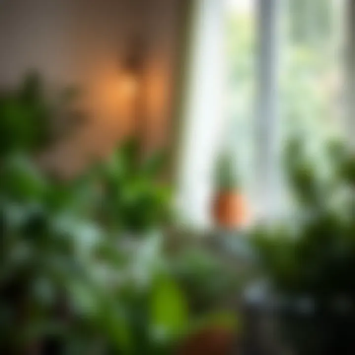 Tranquil Green Retreat A serene corner featuring various fine-leaved plants with ambient lighting