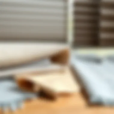 Variety of Roller Blind Materials for Care Different types of roller blinds materials laid out for cleaning demonstration.