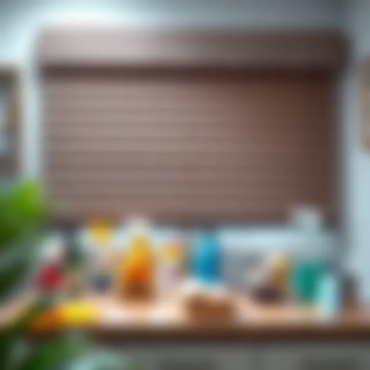 Effective Cleaning Setup for Roller Blinds A well-organized washing area for cleaning roller blinds with various cleaning supplies.