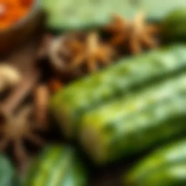 Ingredients of Pickle Juice Close-up of fresh cucumbers and spices used in making pickle juice