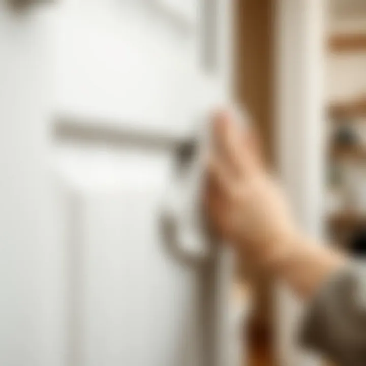 Effective Cabinet Cleaning Technique A close-up of a cloth wiping down a cabinet door