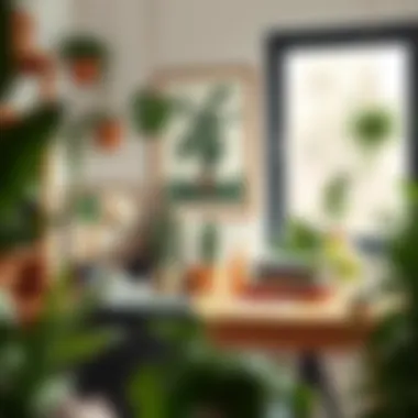 Creative workspace featuring plants and artistic decor