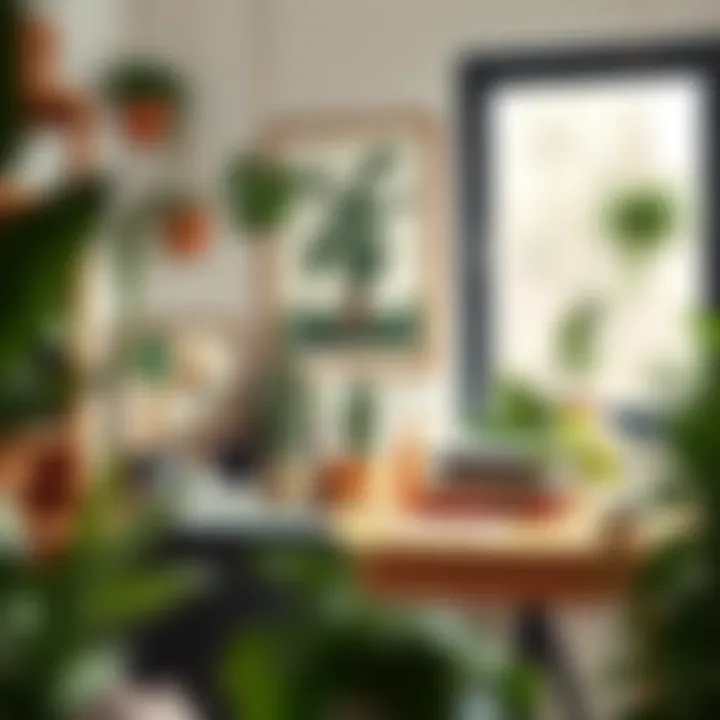 Creative workspace featuring plants and artistic decor