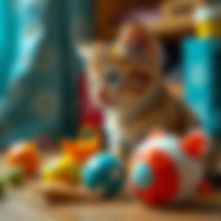Kitten interacting with toys in its new environment
