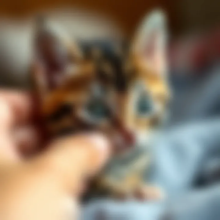 A close-up of a kitten being gently petted