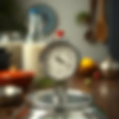 A thermometer measuring the temperature of milk before fermentation